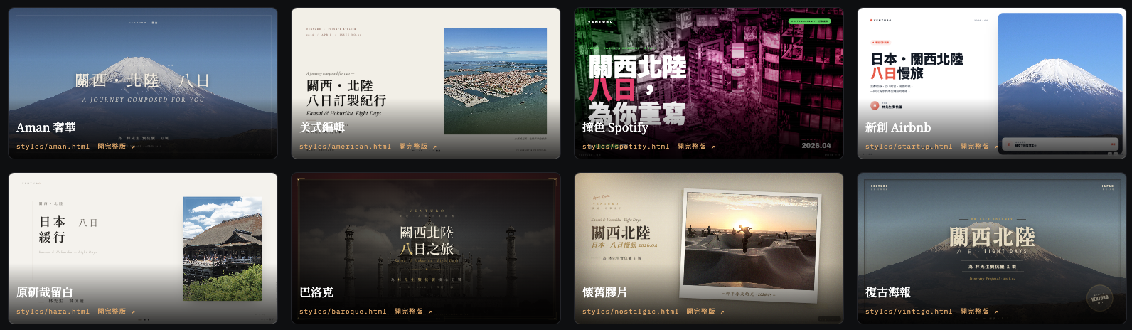 八款提案簡報風格牆：Aman 奢華、美式編輯、撞色 Spotify、新創 Airbnb、原研哉留白、巴洛克、懷舊膠片、復古海報