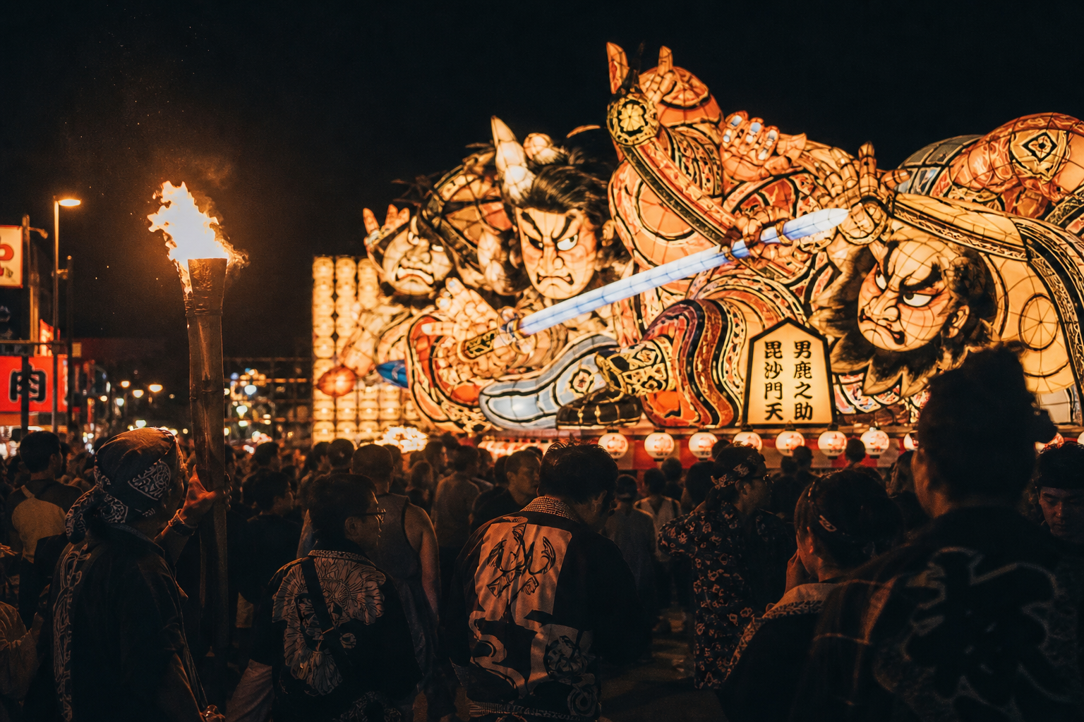 青森睡魔祭，巨大的武者燈籠在夜裡發光，火把與人群——你家走過的線，AI 團隊真的做得出這種畫面