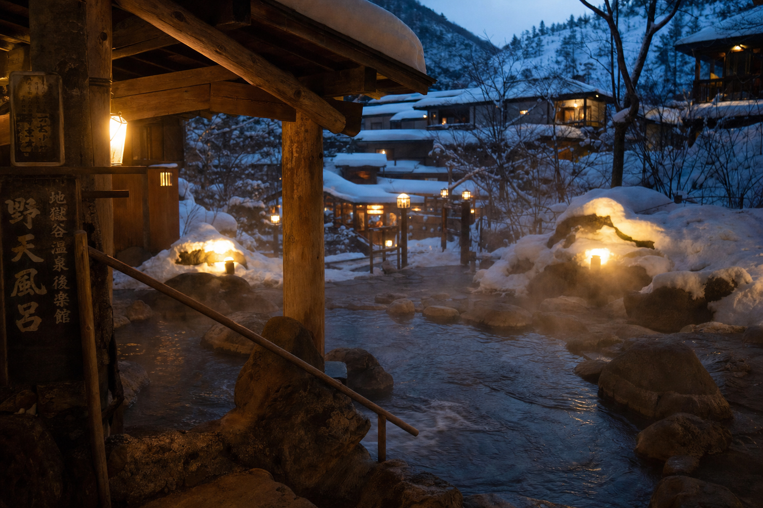 雪見露天溫泉，雪夜裡石燈籠暖光與蒸氣