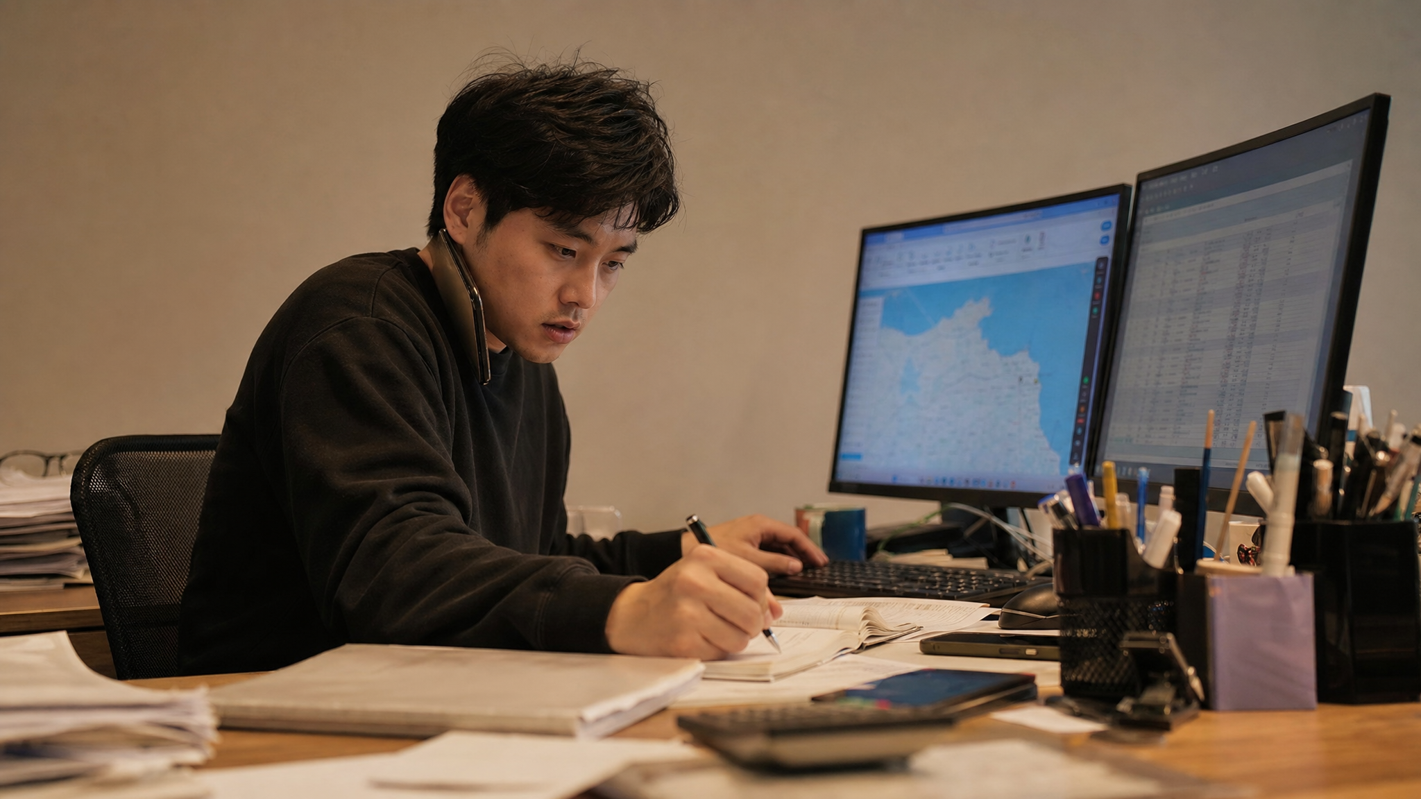 旅行社老闆深夜一個人坐在雙螢幕前，一邊講電話一邊低頭核行程、抄資料