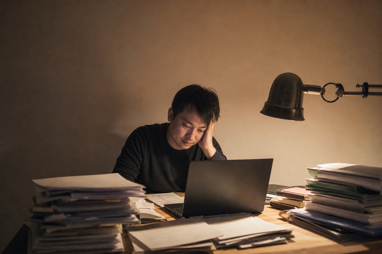 夜深了，旅行社老闆獨自一人對著筆電抱頭，桌上堆滿一疊一疊的紙本資料
