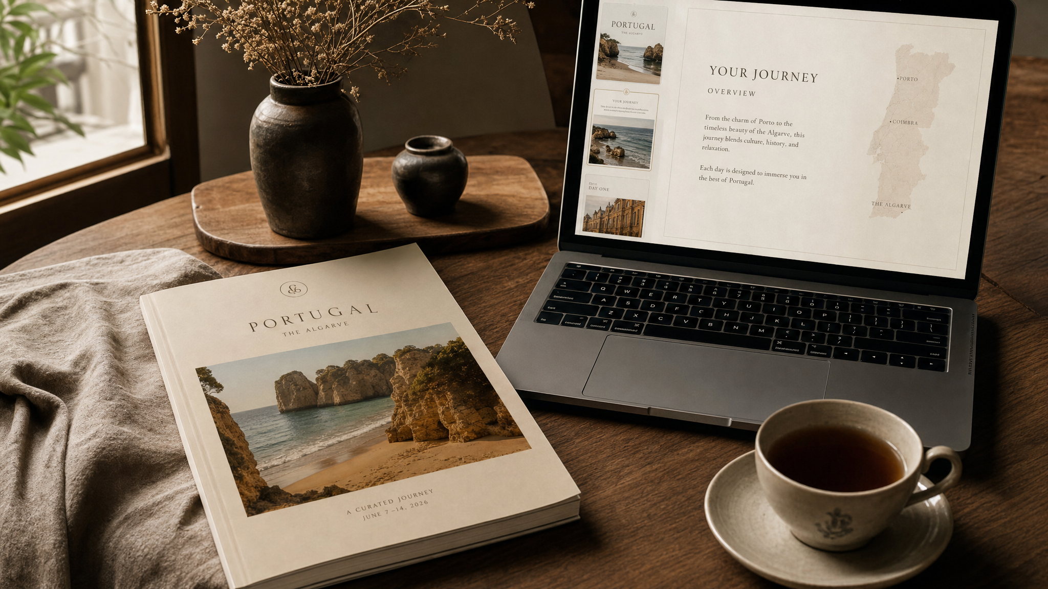 漫途行銷部交付的高級旅遊提案：木桌上印刷成冊的行程手冊，旁邊筆電開著同一份行程簡報